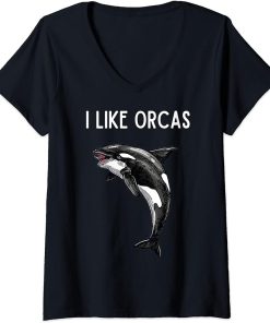 Womens I Like Orcas and Maybe 3 People Vintage Black and White V-Neck T-Shirt