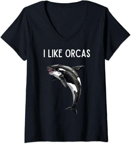 Womens I Like Orcas and Maybe 3 People Vintage Black and White V-Neck T-Shirt