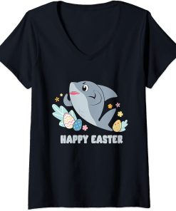 Womens Cute Happy Easter Day Egg Hunt Boys Girls Kids Orca Shark V-Neck T-Shirt