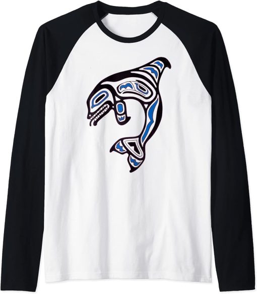 Killer Whale Orca Pacific NW Native American Indian Raglan Baseball Tee