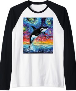 Orca Starry Night Killer Whale Sunset Ocean Art by Aja Raglan Baseball Tee