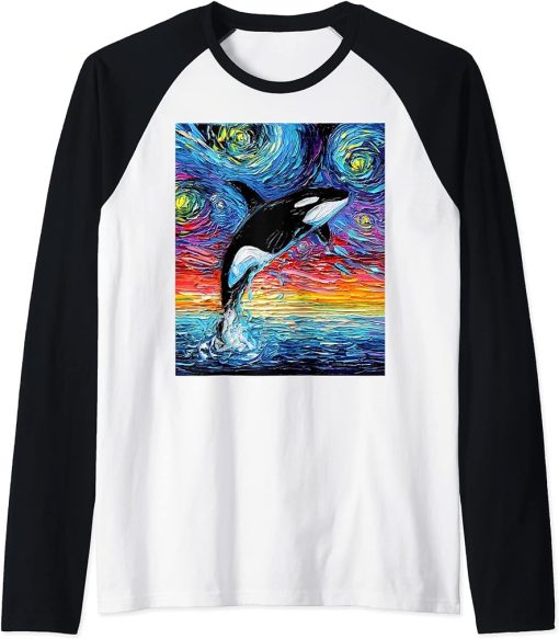 Orca Starry Night Killer Whale Sunset Ocean Art by Aja Raglan Baseball Tee