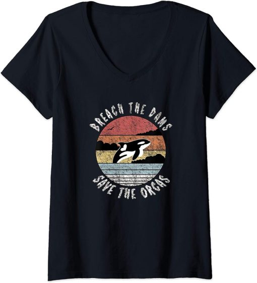 Womens Retro Vintage Orcas Whale | Breach The Dams Save The Orcas V-Neck T-Shirt